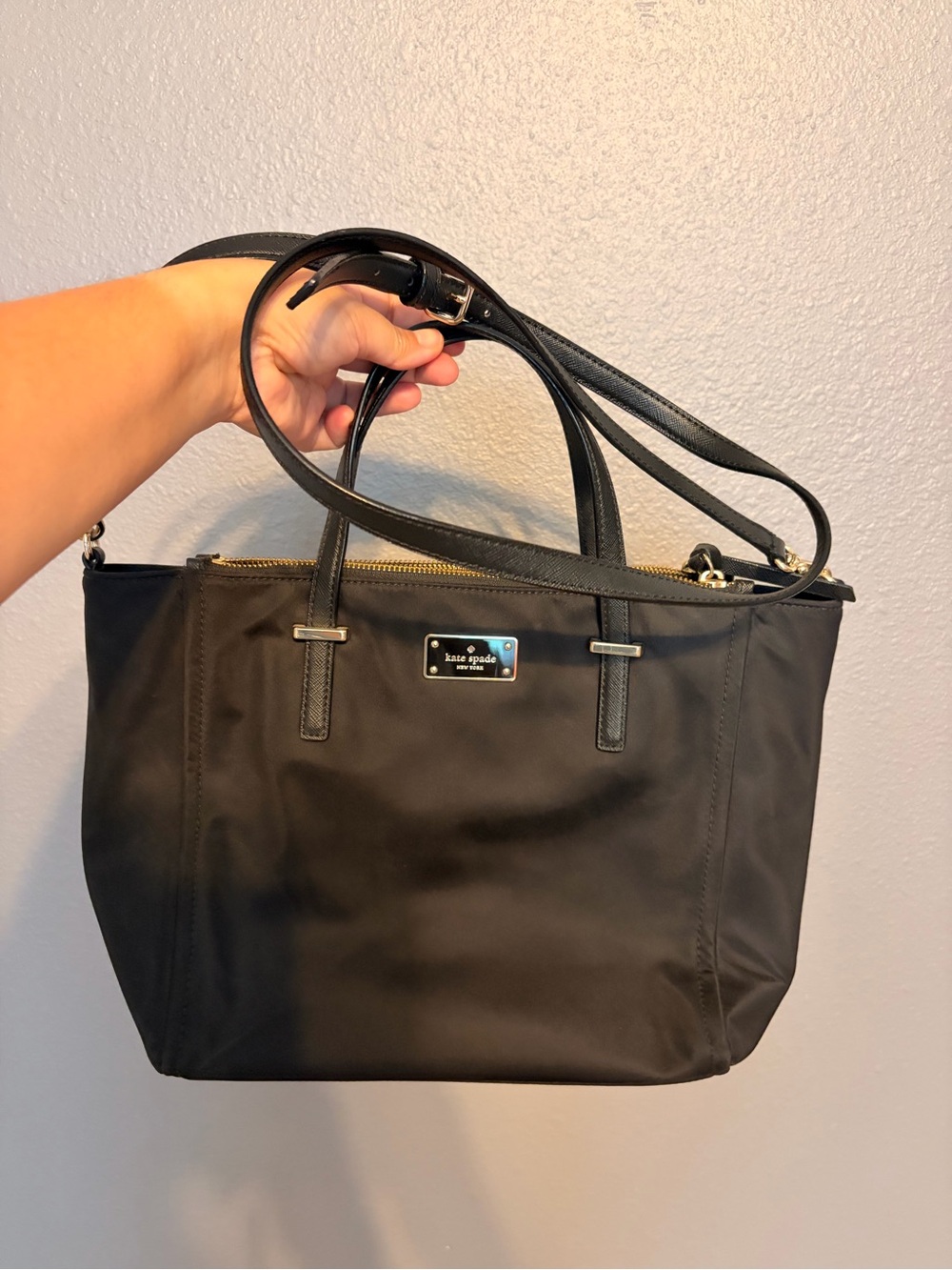 kate spade Black Nylon Zip-Top Tote with Leather Straps